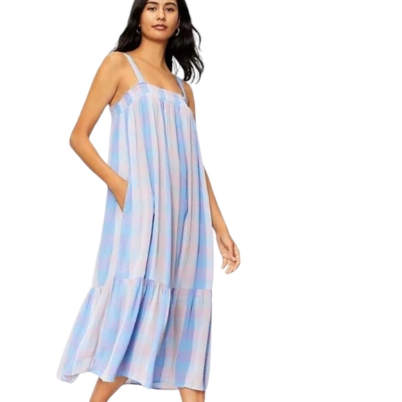 LOFT Plaid Smocked Pocket Midi Dress, size M - Picture 4 of 8